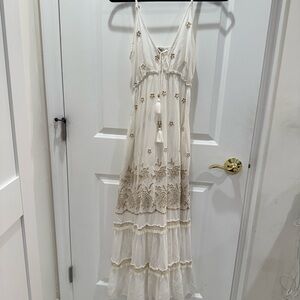 ZURY White and Gold Embroidered Bohemian Maxi Dress